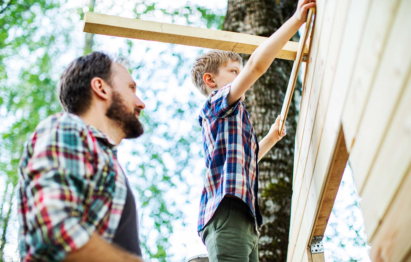 Vater und Sohn bauen an einem Baumhaus