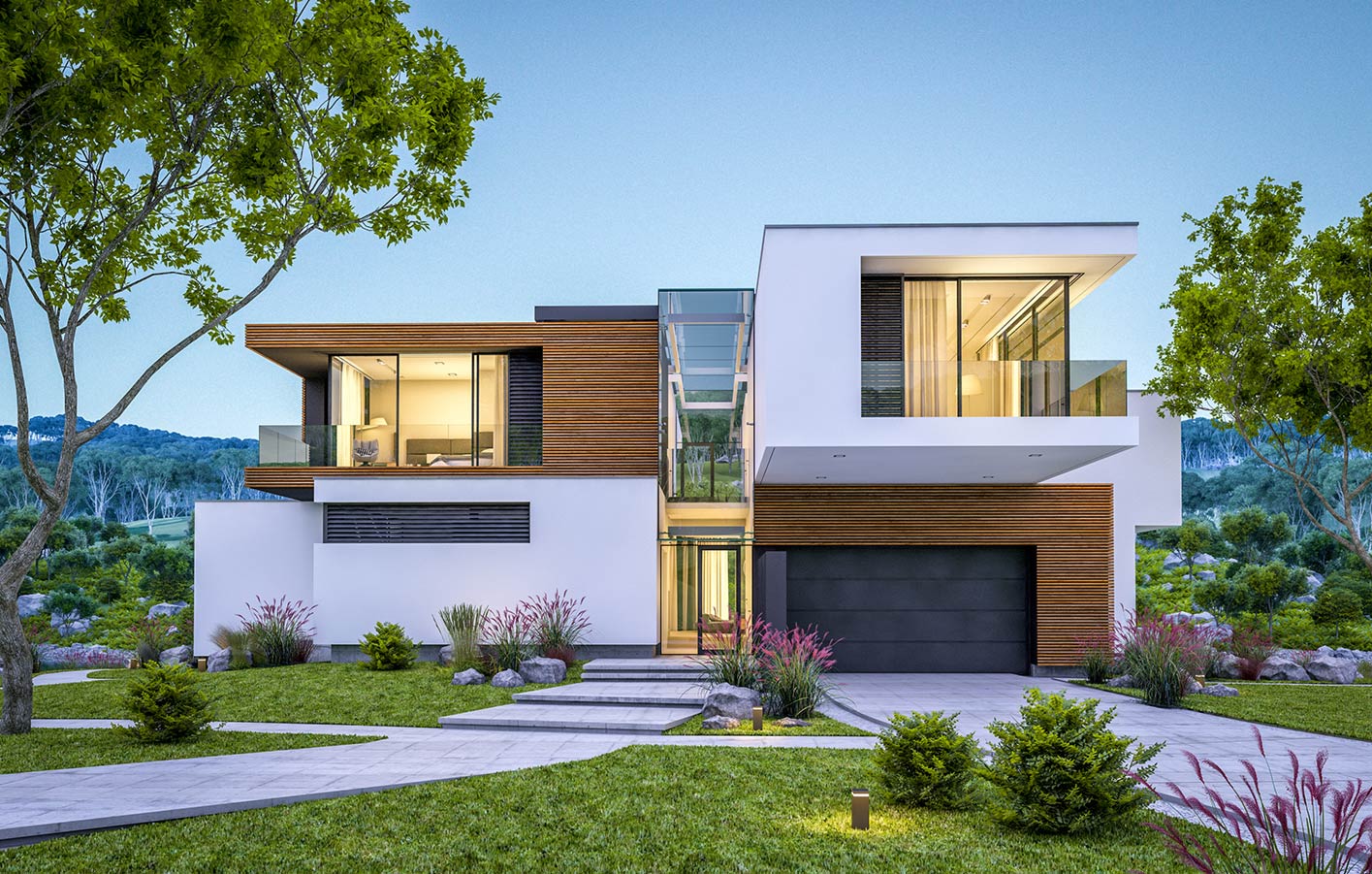 modernes Haus mit Teil-Holzfassade im Abendlicht